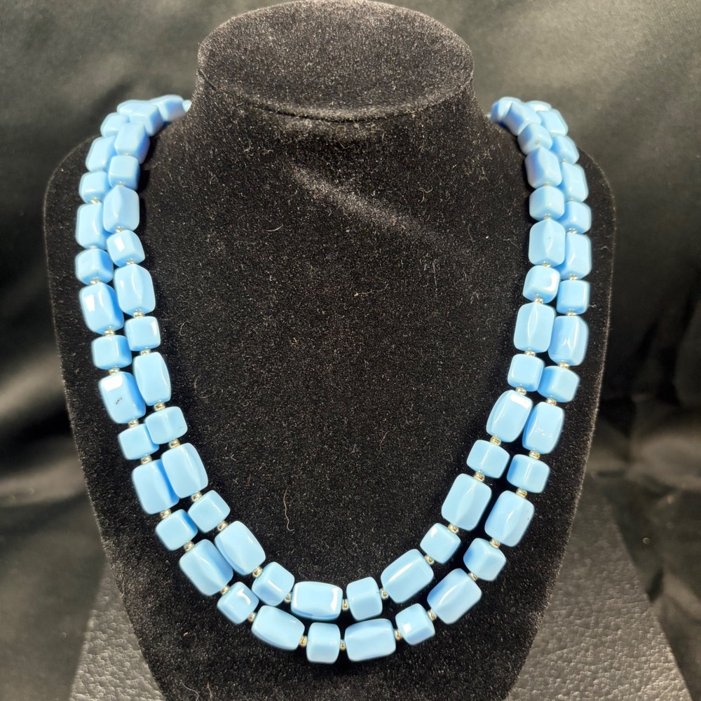 Vintage Hong Kong Lucite Bead Necklace Light Blue Mid Century Modern 45" Strand